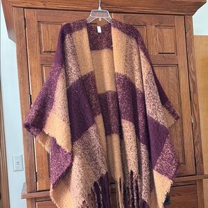 C 1946 Brand Burgundy and Tan Knit Poncho Super Soft - One Size fits all